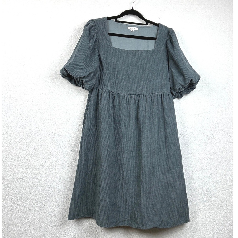 Baltic Born Blue Corduroy Babydoll Dress - M - Puff Sleeve Square Neck Boho Fall